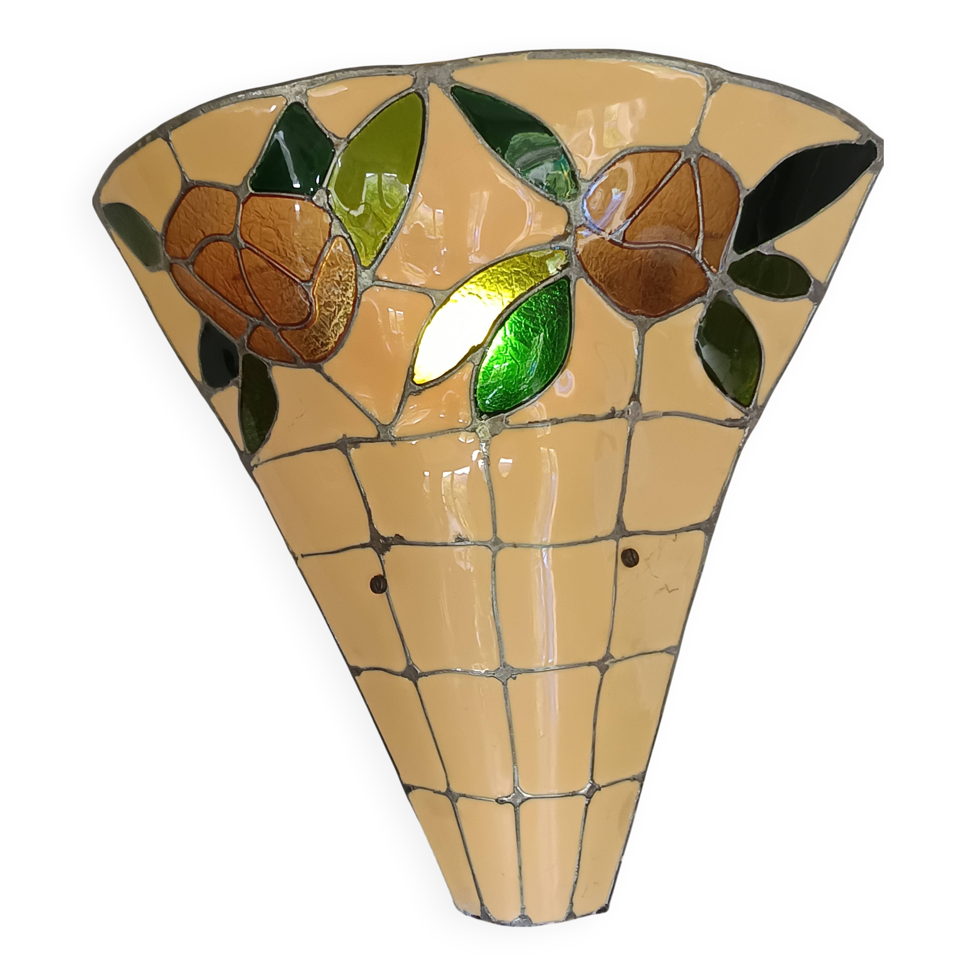 Stained glass and brass wall light from the 1970s