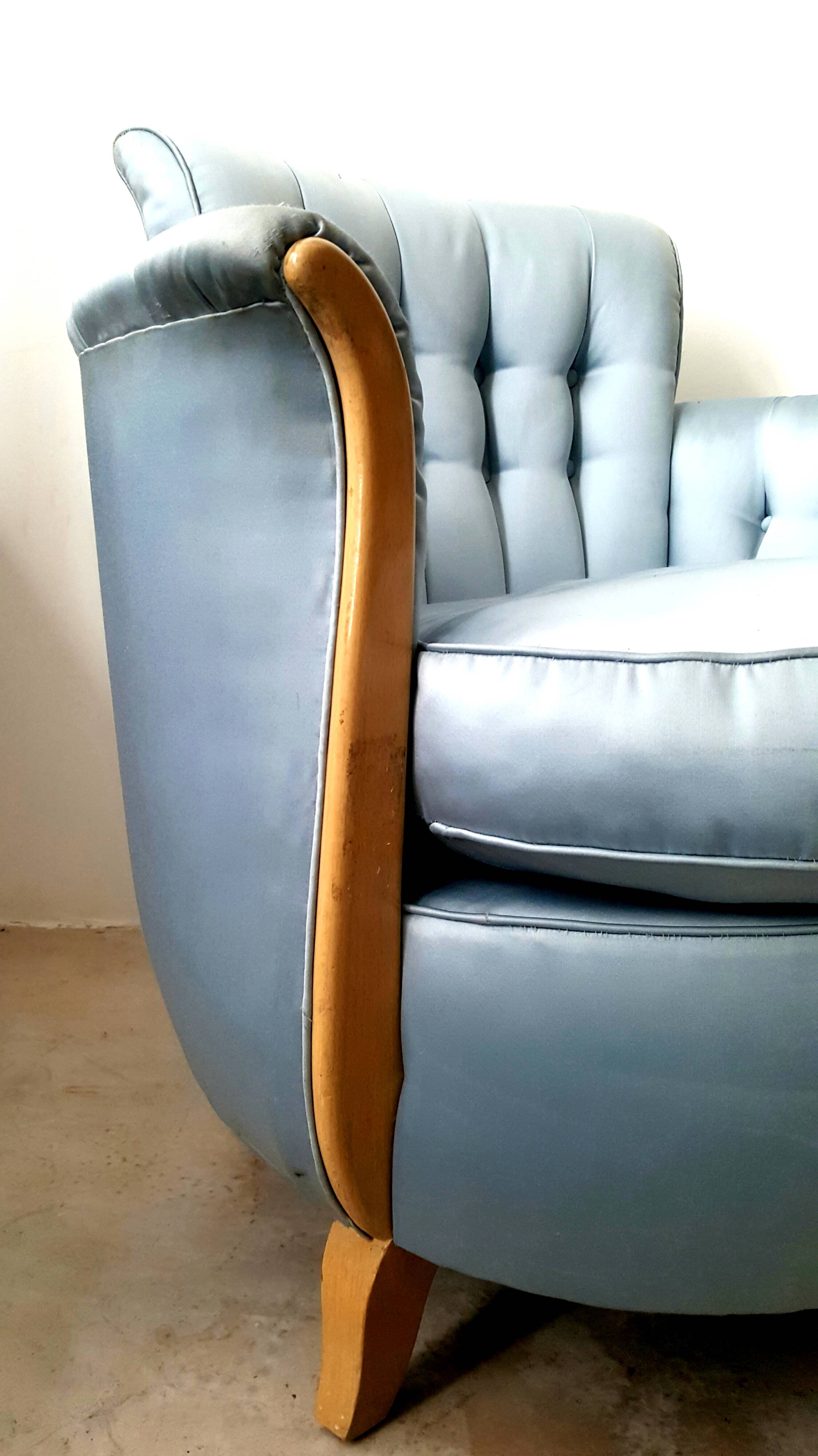 Cocktail chair bas corbeille in sycamore blond and blue silk - art deco 1930