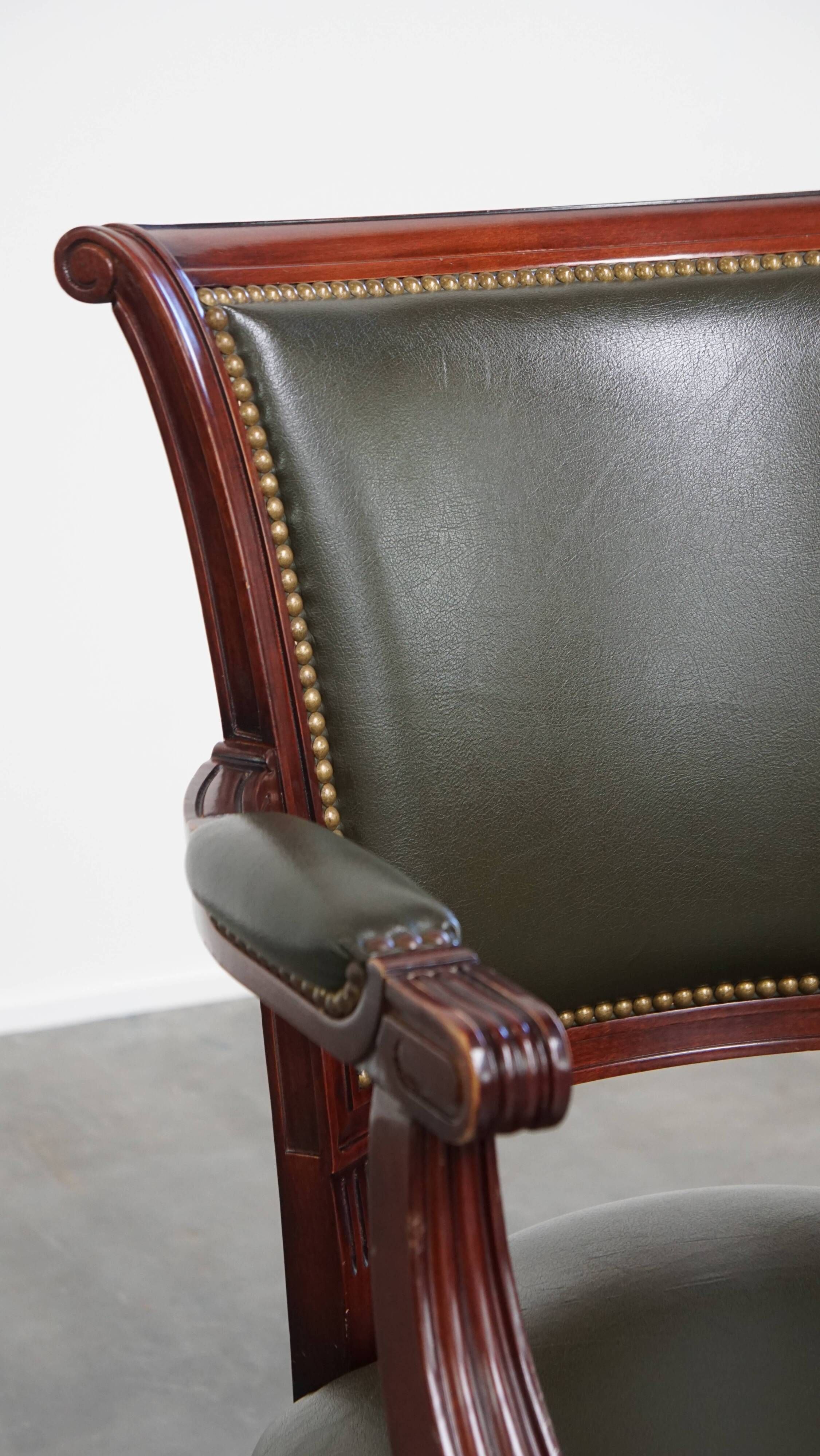 Green Cowhide Leather and Wooden Office Chair in English Style on Casters