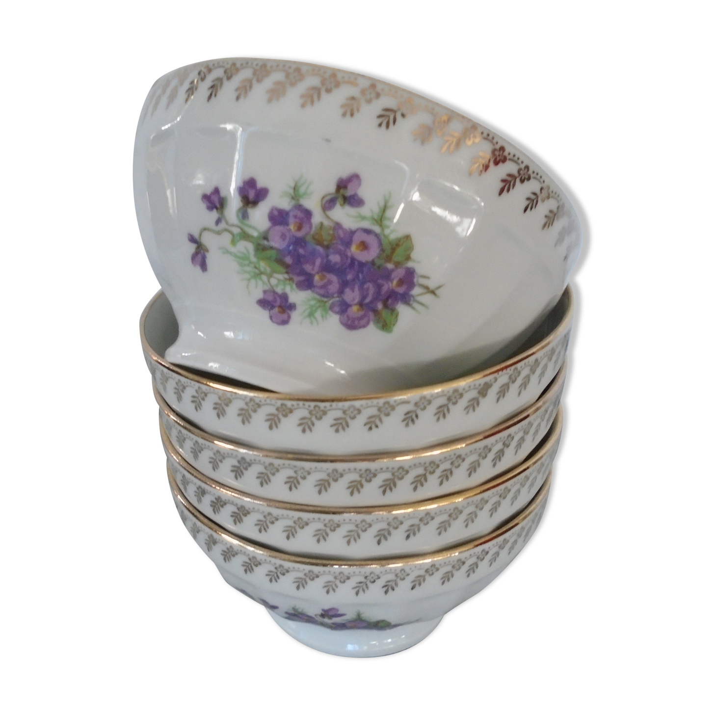 Set de 5 bols décor fleurs violettes porcelaine