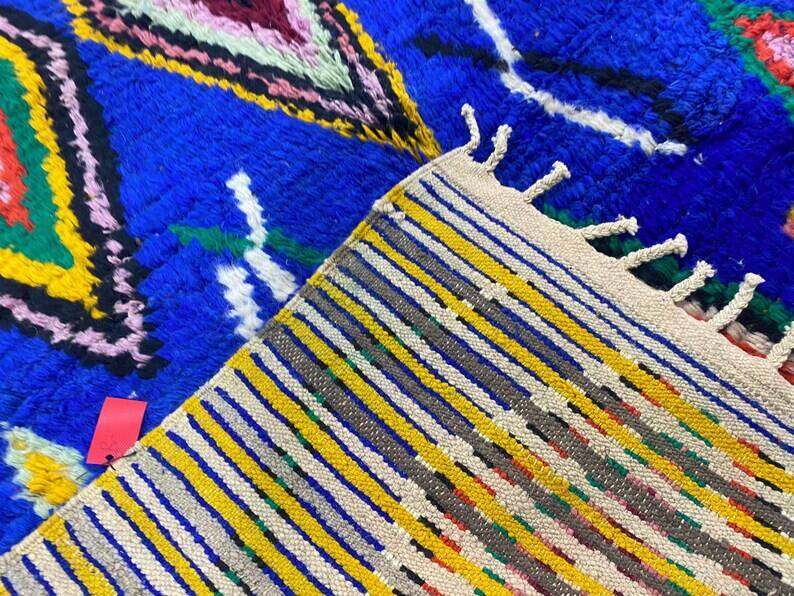 Handmade blue Moroccan rug, decorated, 250cm x 150cm