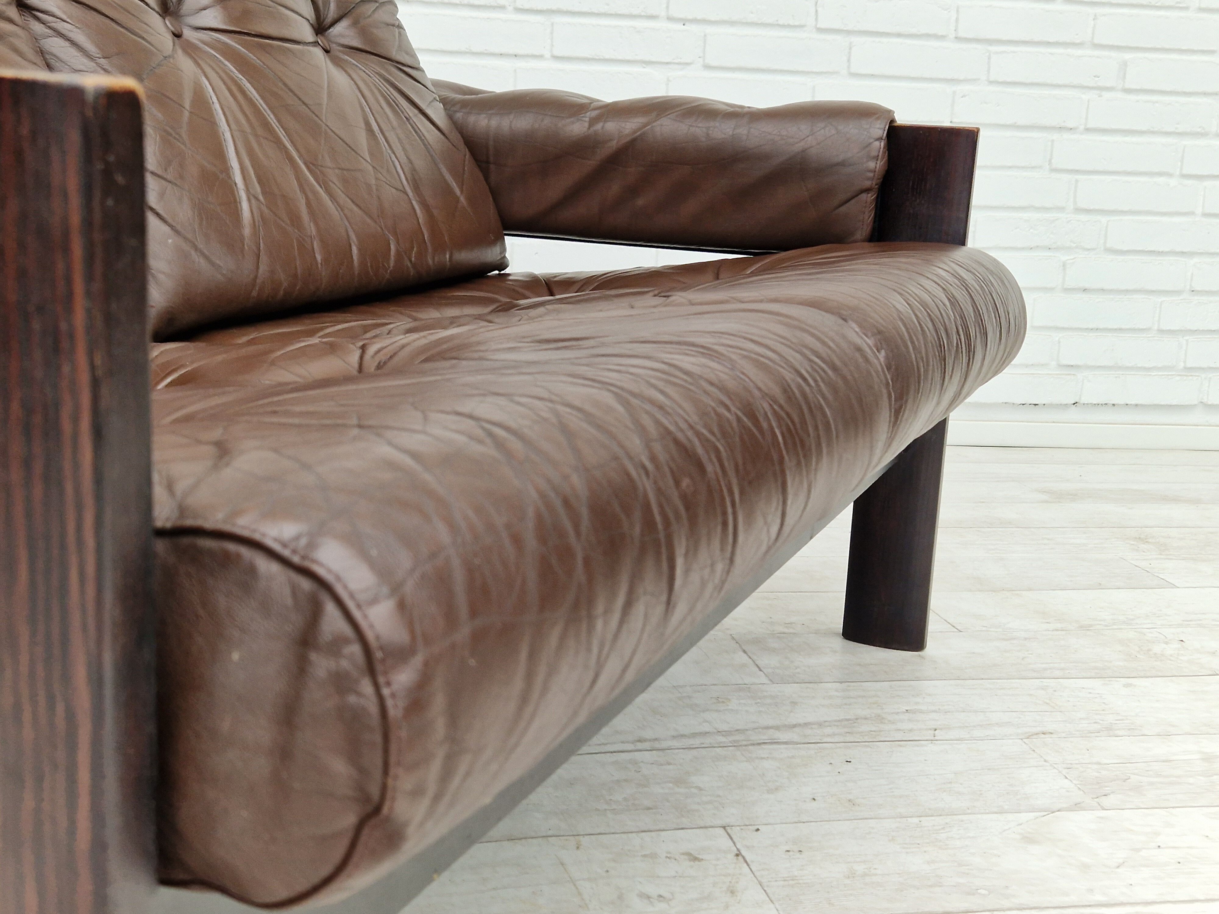 Scandinavian 2-seater sofa, original brown leather, 70s