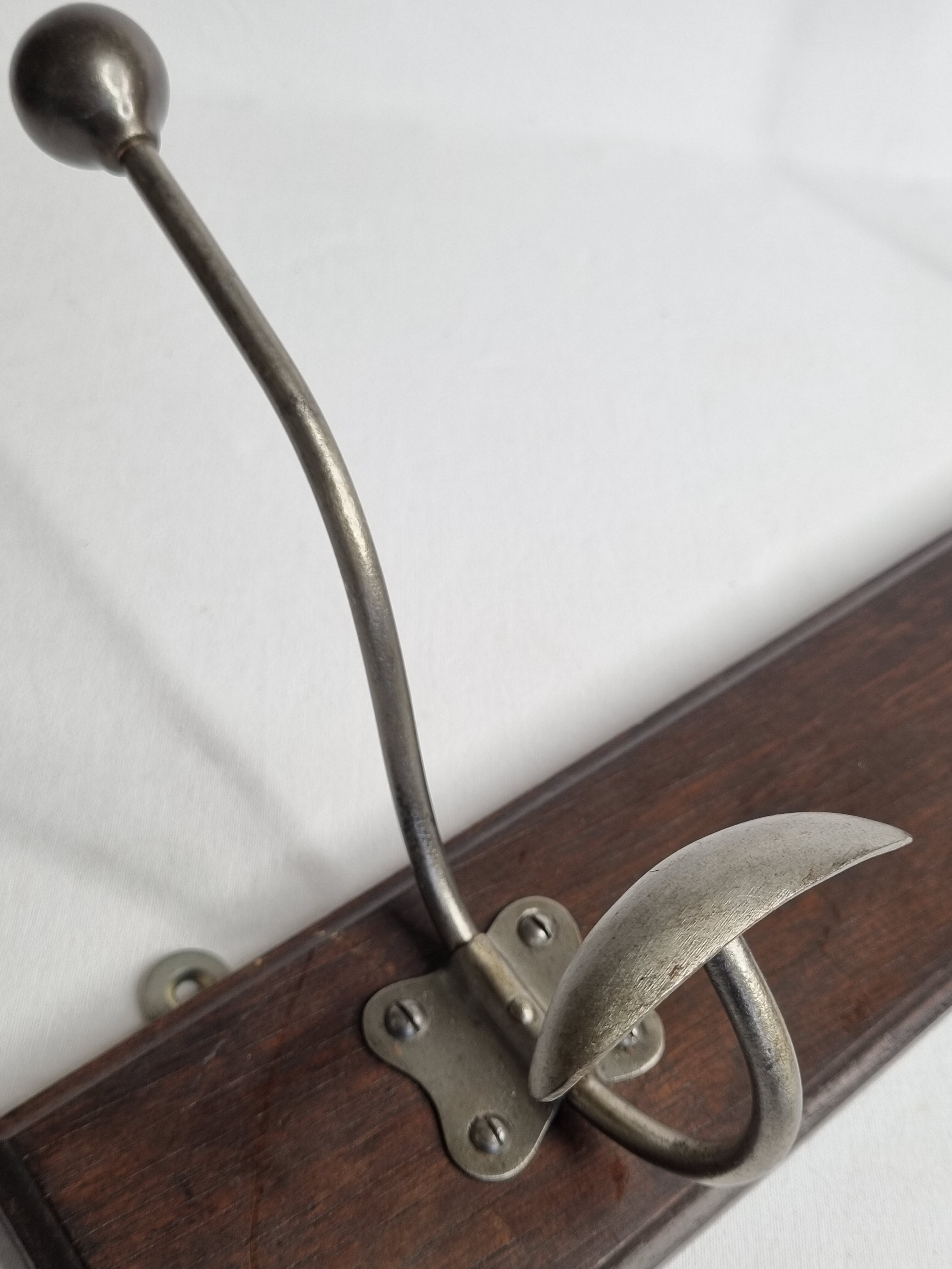 Wall coat rack, two double hooks, steel and wood, 50 cm