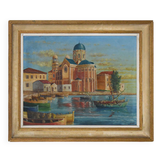 G. ECKERT Oil on canvas "Basilica of Notre-Dame-de-la-Victoire de Saint-Raphaël"