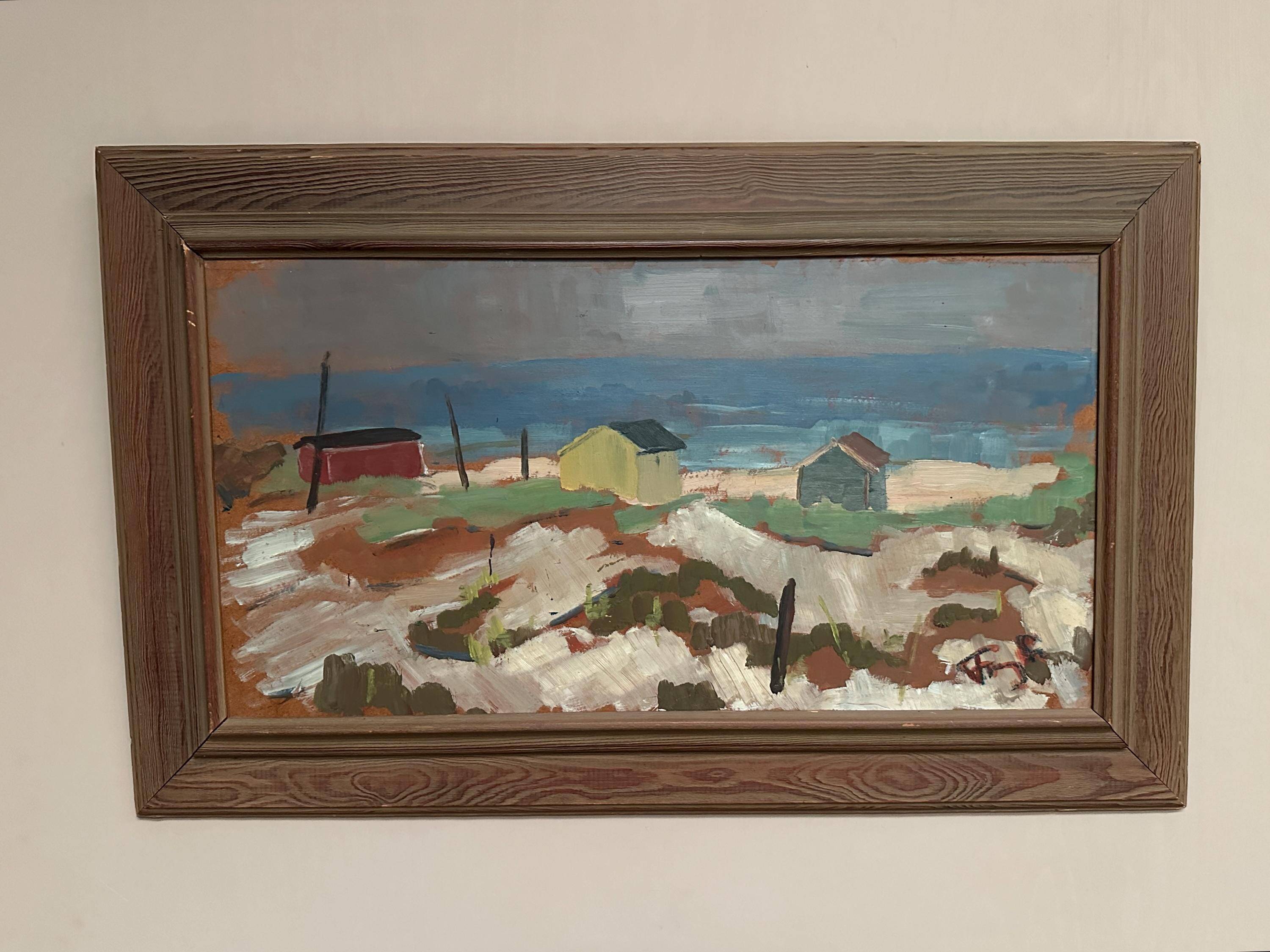 Original Swedish Oil on Panel – “Coastal Village” by Frans Lundberg Vintage