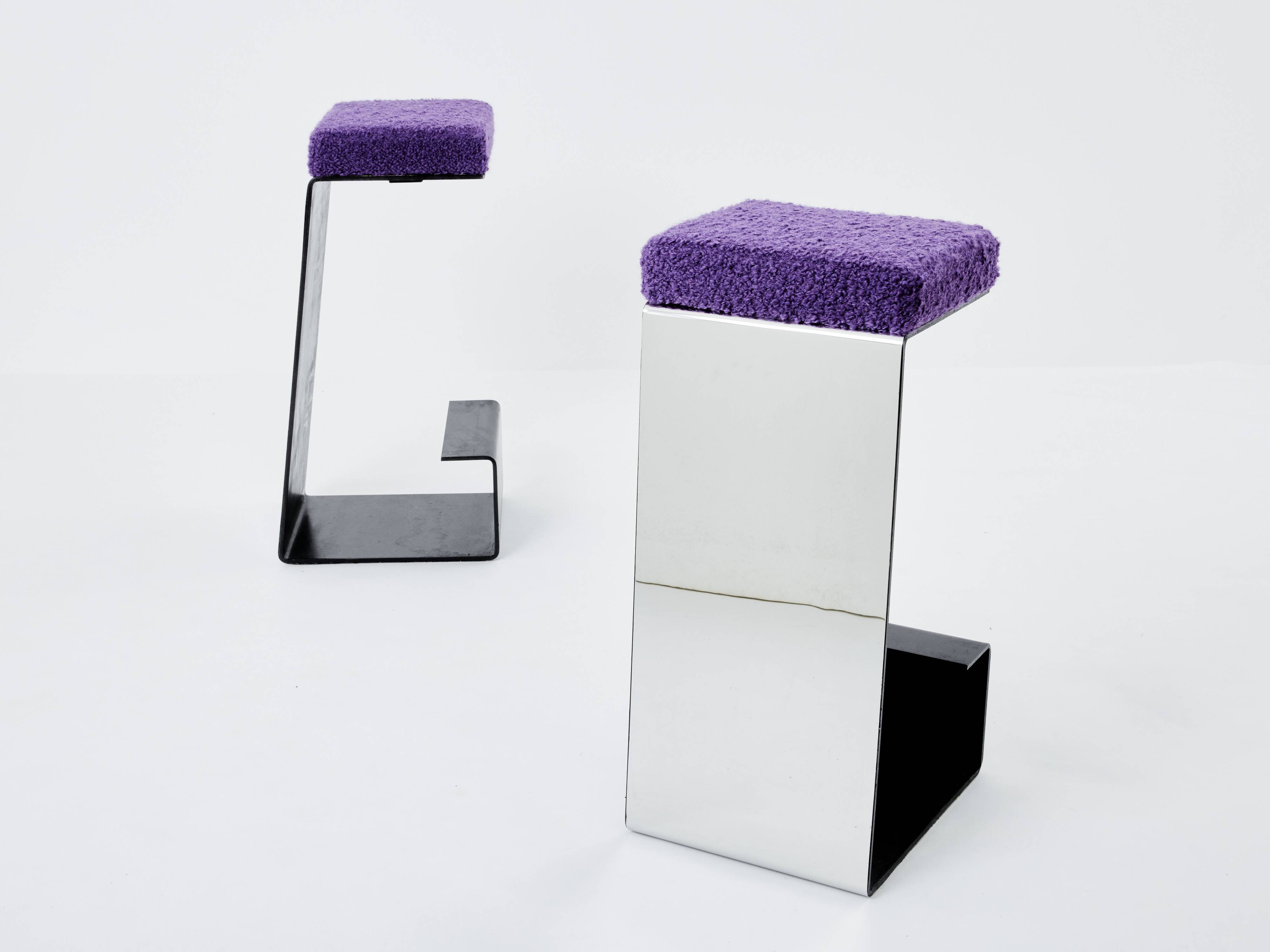 Set of 6 wrought iron bar stools polished steel curly wool 1970