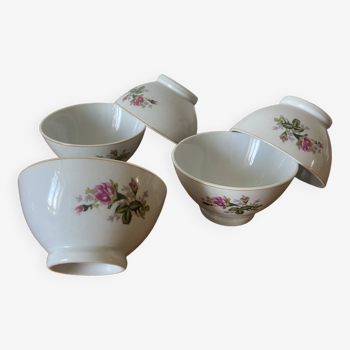 Lot de 5 grands bols en porcelaine vintage, décor bouquet de fleurs