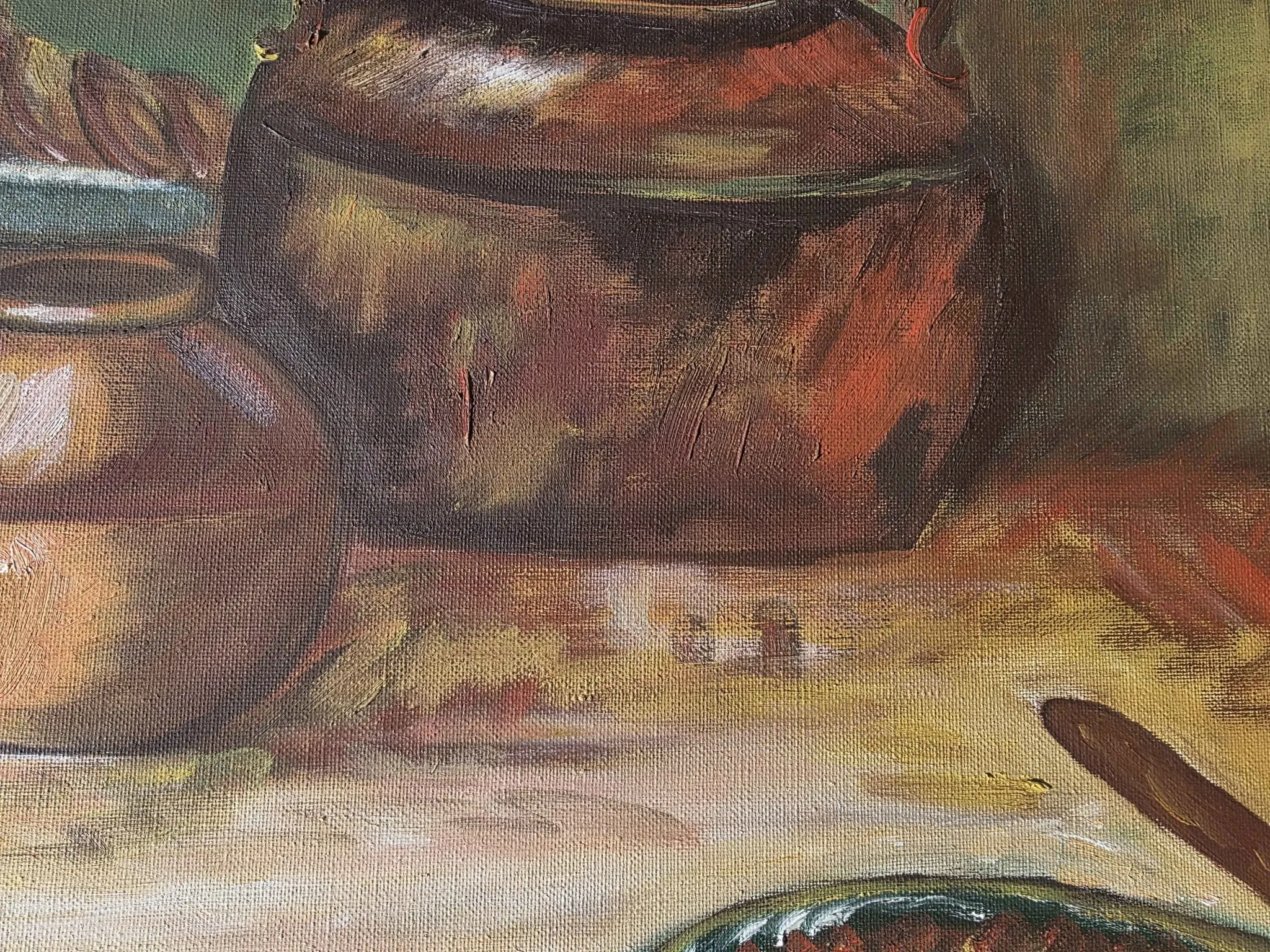 Peinture à l'huile de pot en cuivre de cuisine rustique - 1962