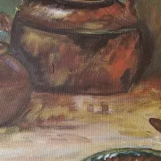 Peinture à l'huile de pot en cuivre de cuisine rustique - 1962