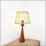 Wooden table lamp in the shape of a bowling pin with a bamboo shade from the 1960s.