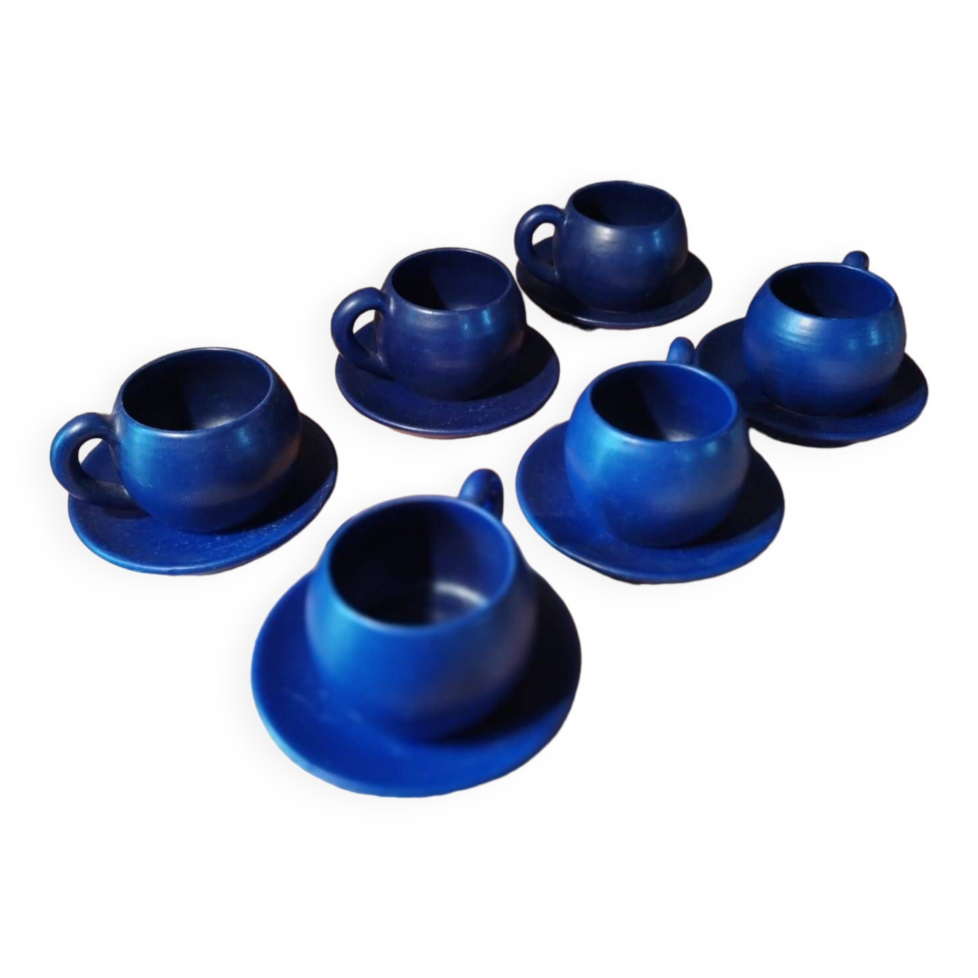 Set of 6 dark blue cups and saucers Charles Voltz Vallauris