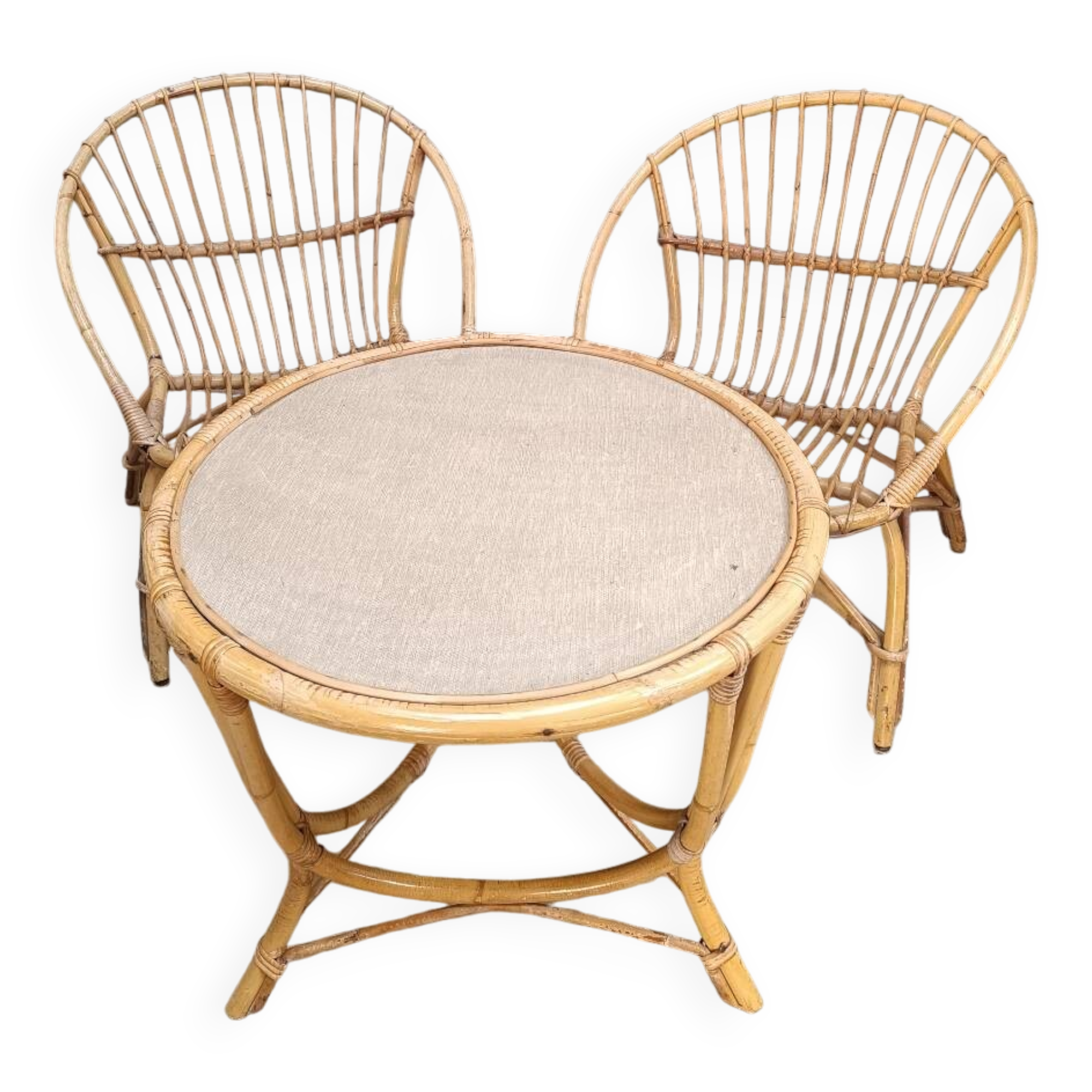 Vintage rattan wicker garden furniture set with 2 shell armchairs and a bar table