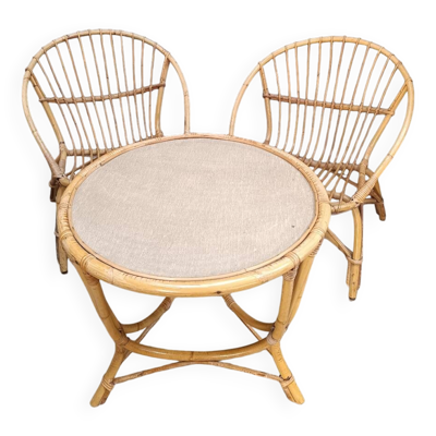 Salon de jardin en osier rotin vintage 2 fauteuils coquille et une table ba
