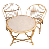 Salon de jardin en osier rotin vintage 2 fauteuils coquille et une table ba