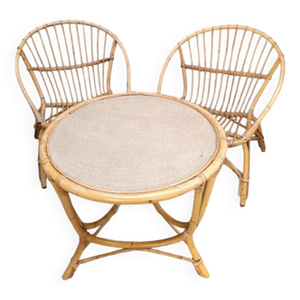 Salon de jardin en osier rotin vintage 2 fauteuils coquille et une table ba