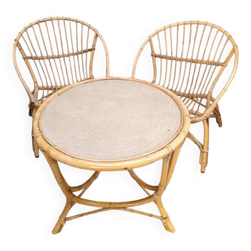 Salon de jardin en osier rotin vintage 2 fauteuils coquille et une table ba