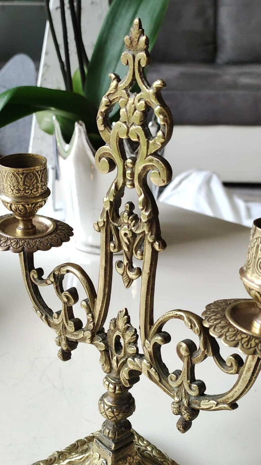 Altar candlestick with 2 branches, napoleon iii style, bronze patina old gold