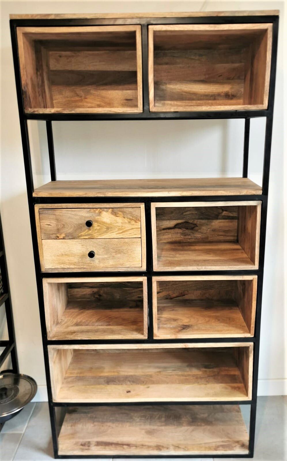 Wooden and metal freestanding shelf