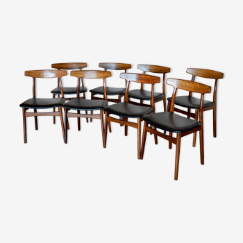 Lot of 8 vintage chairs in rosewood and black leather, designed by Henning Kjaernulf