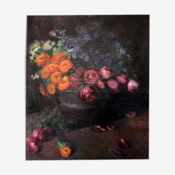 Tableau "Bouquet de renoncules et de zinnias"
