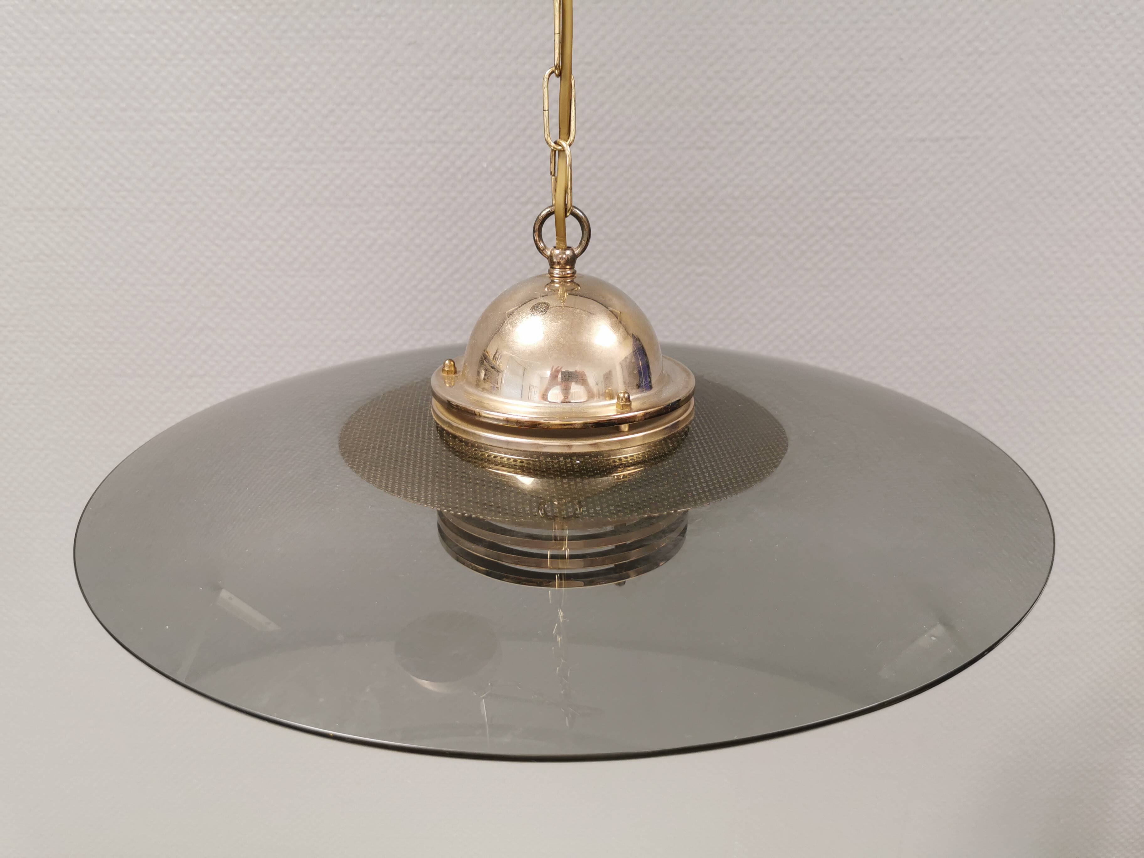 Original Belid T 391 pendant light in gold-coloured metal and smoked glass