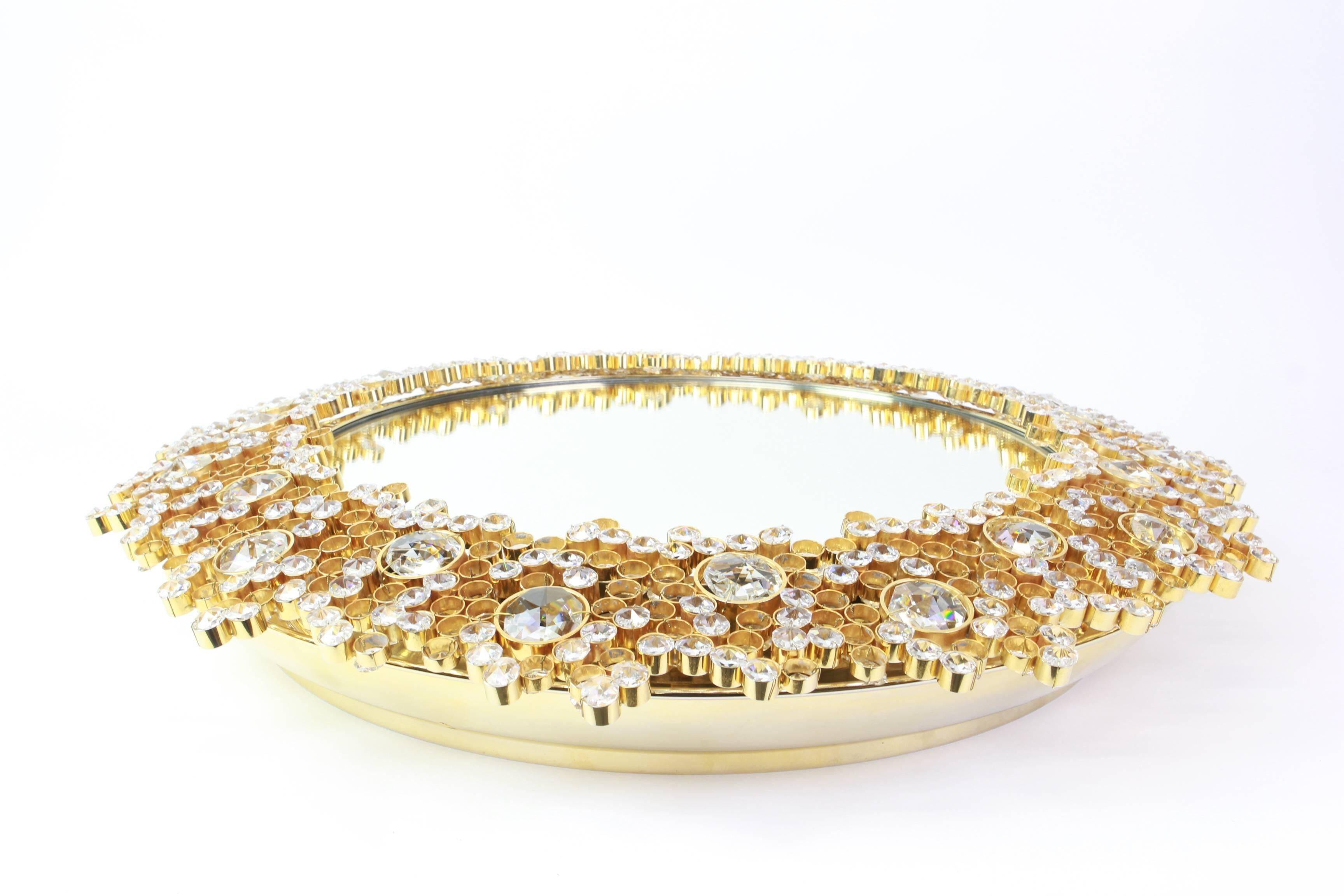 Spectacular backlit mirror in gilded brass and crystal glass by Palwa, Germany.