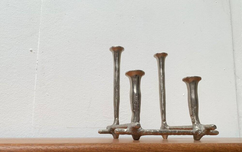 Brutalist sculptural cast aluminium candlestick Danish