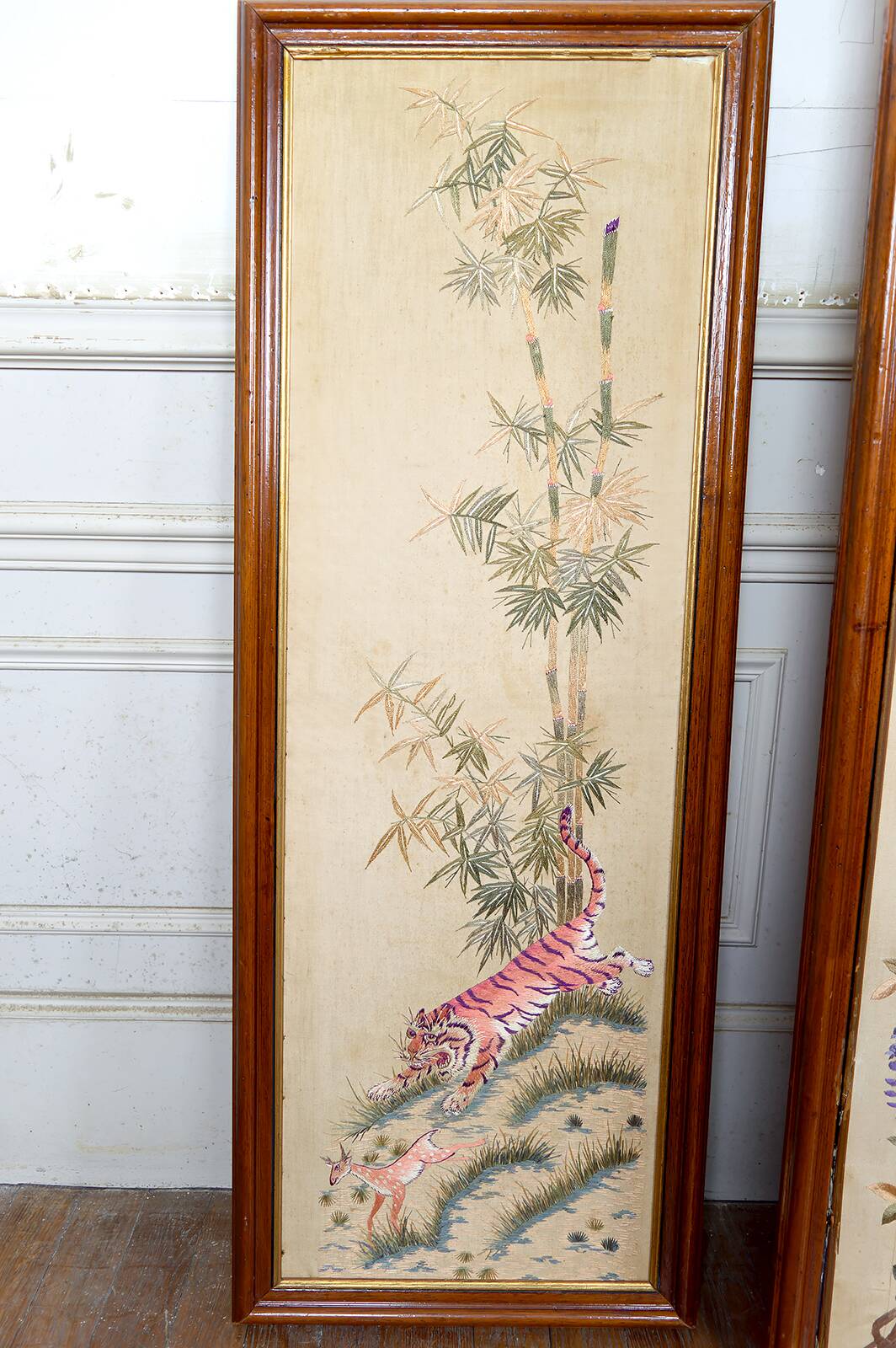 Important Set of Three Indochinese Silk Embroidered Tapestries