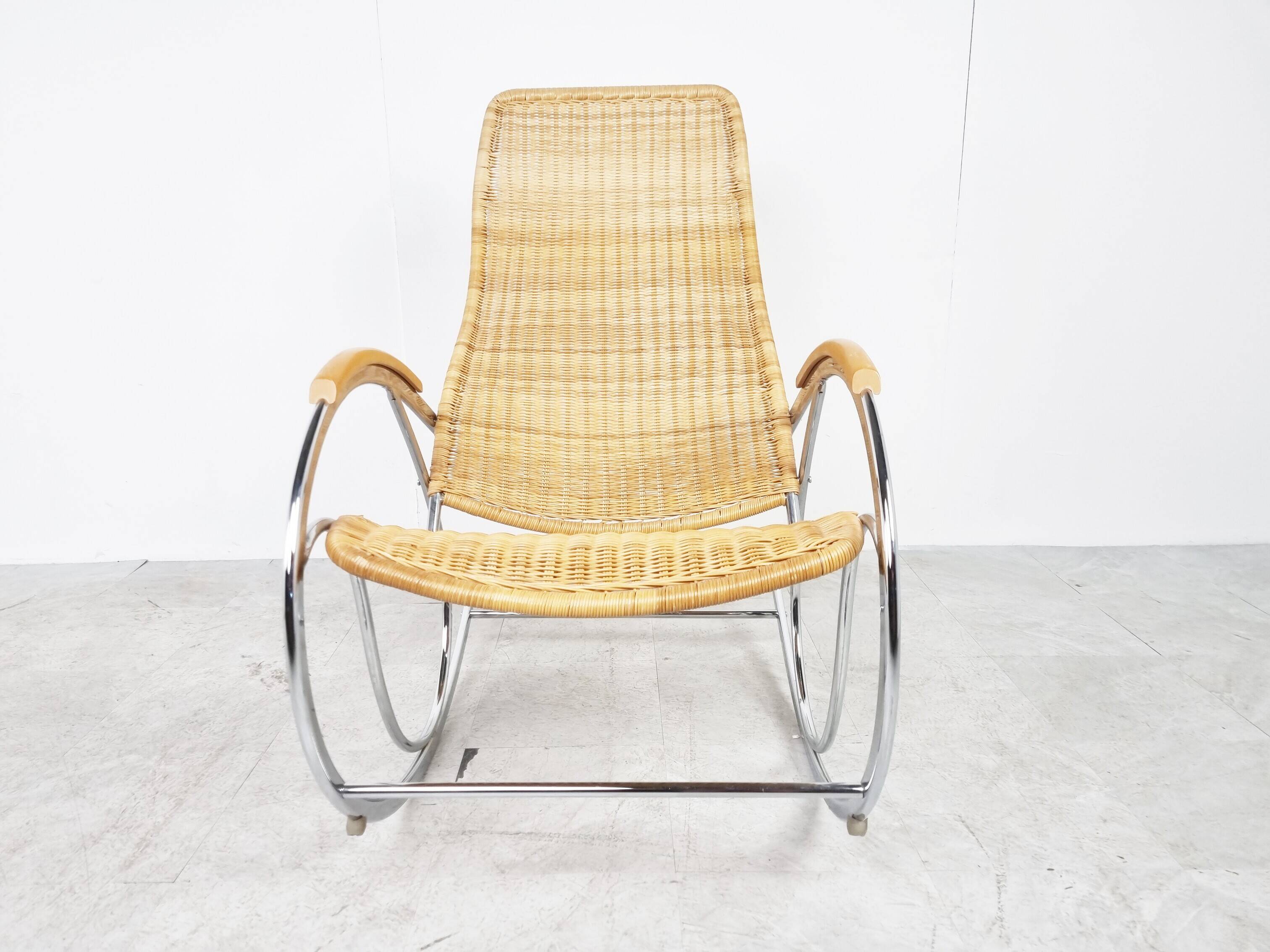 Vintage chrome and wicker rocking chair, 1970s