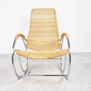 Vintage chrome and wicker rocking chair, 1970s