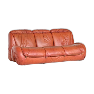 Living room sofa three seater in leather orange-brown, Italy 1970