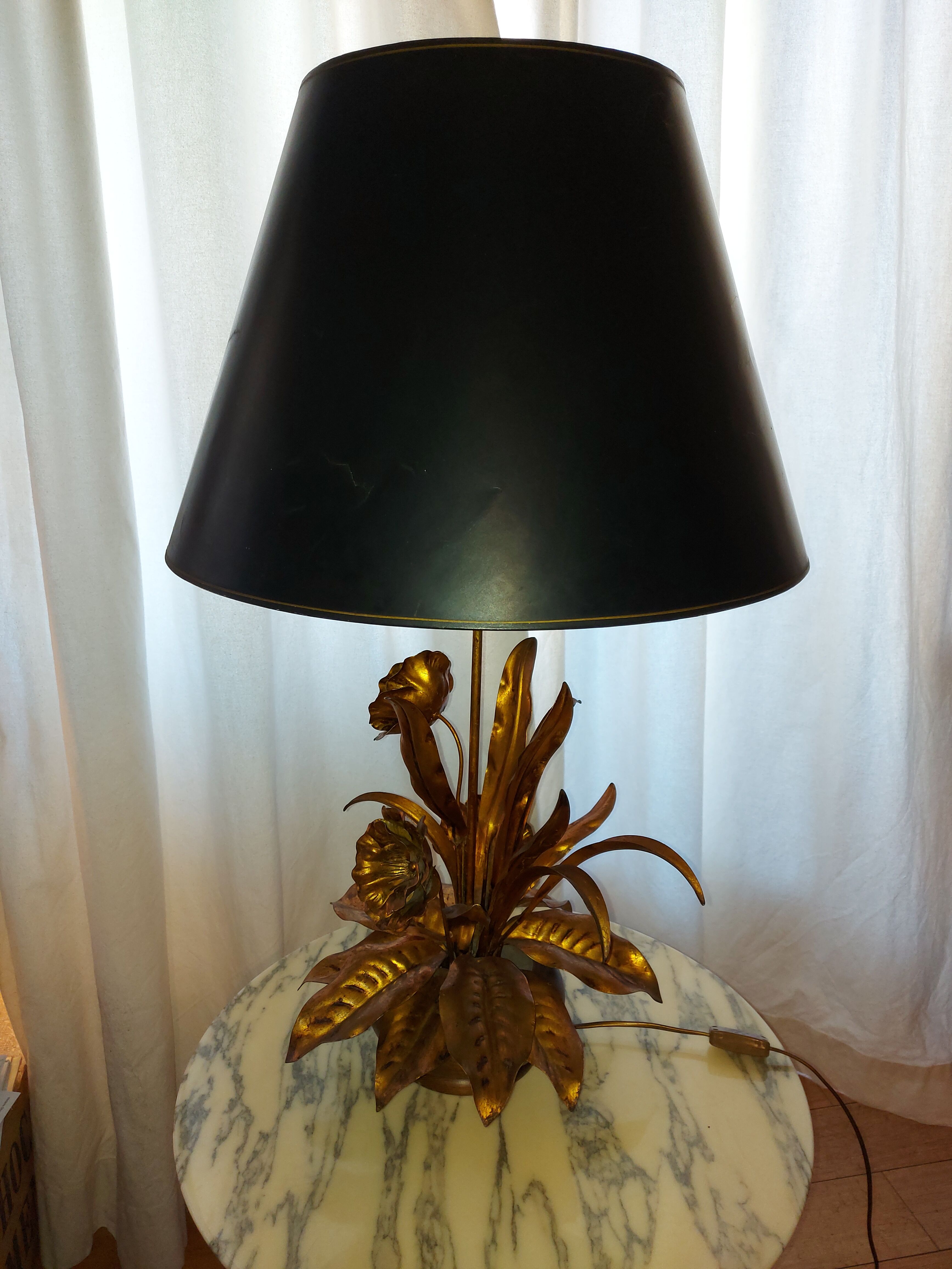 Large lamp, bouquet of vintage anemone flowers, gold metal, Hans Kogl