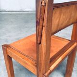 Elm and Cognac Leather Dining Room Chairs Set in the style of Pierre Chapo, Italy, 1960s, Set of 4