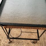 Black lacquered metal and glass serving table