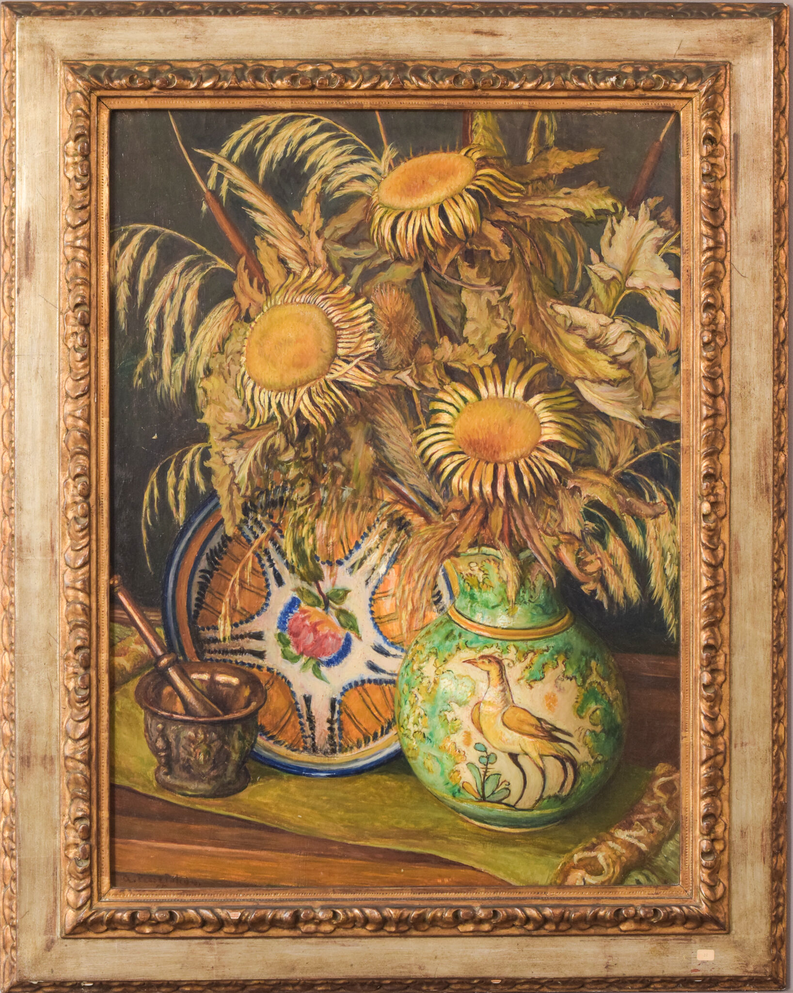 Still life with sunflowers and majolica jug
