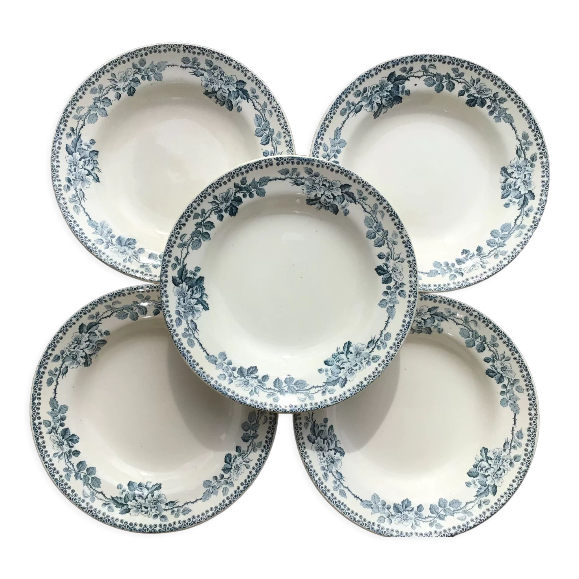 5 assiettes creuses Terre de Fer modèle Guadeloupe Debray bleu