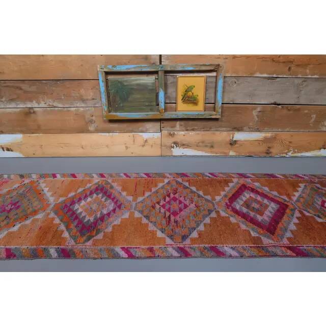 1970s Turkish Handmade Orange Diamond Wool Runner Rug 87x325