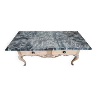 Table basse de salon en bois, plateau laqué noir avec résine coloris gris et blanc, 2 tiroirs