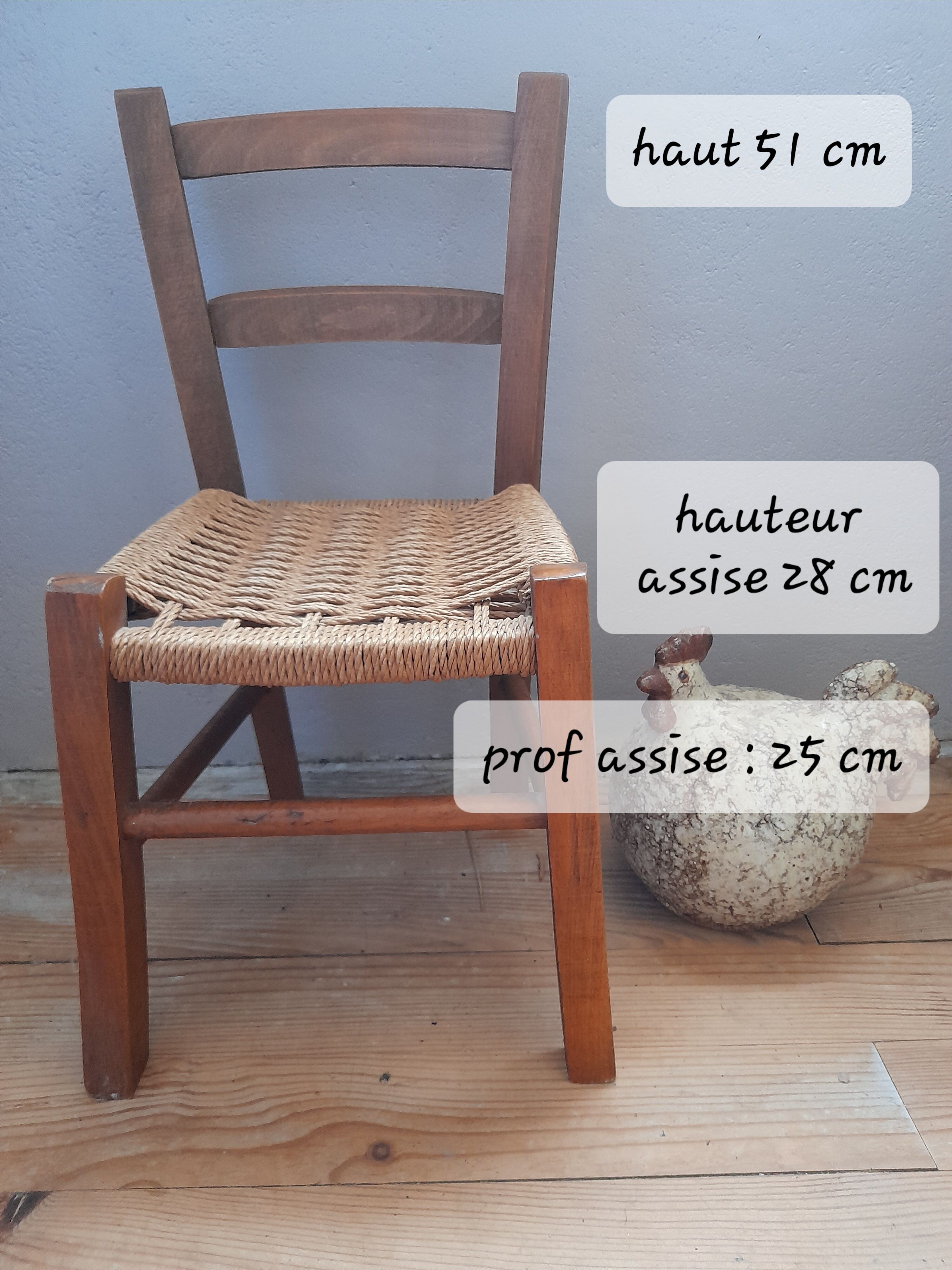 Wooden children's chair, rope seat, circa 1950