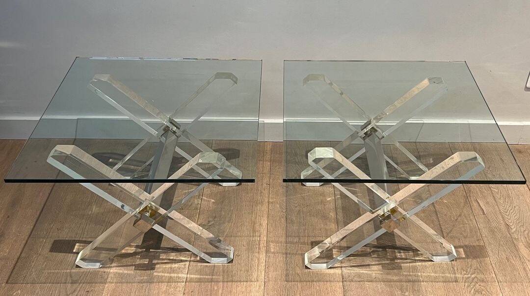Pair of Plexiglass and Chrome Side Tables with X-shaped Legs, Work