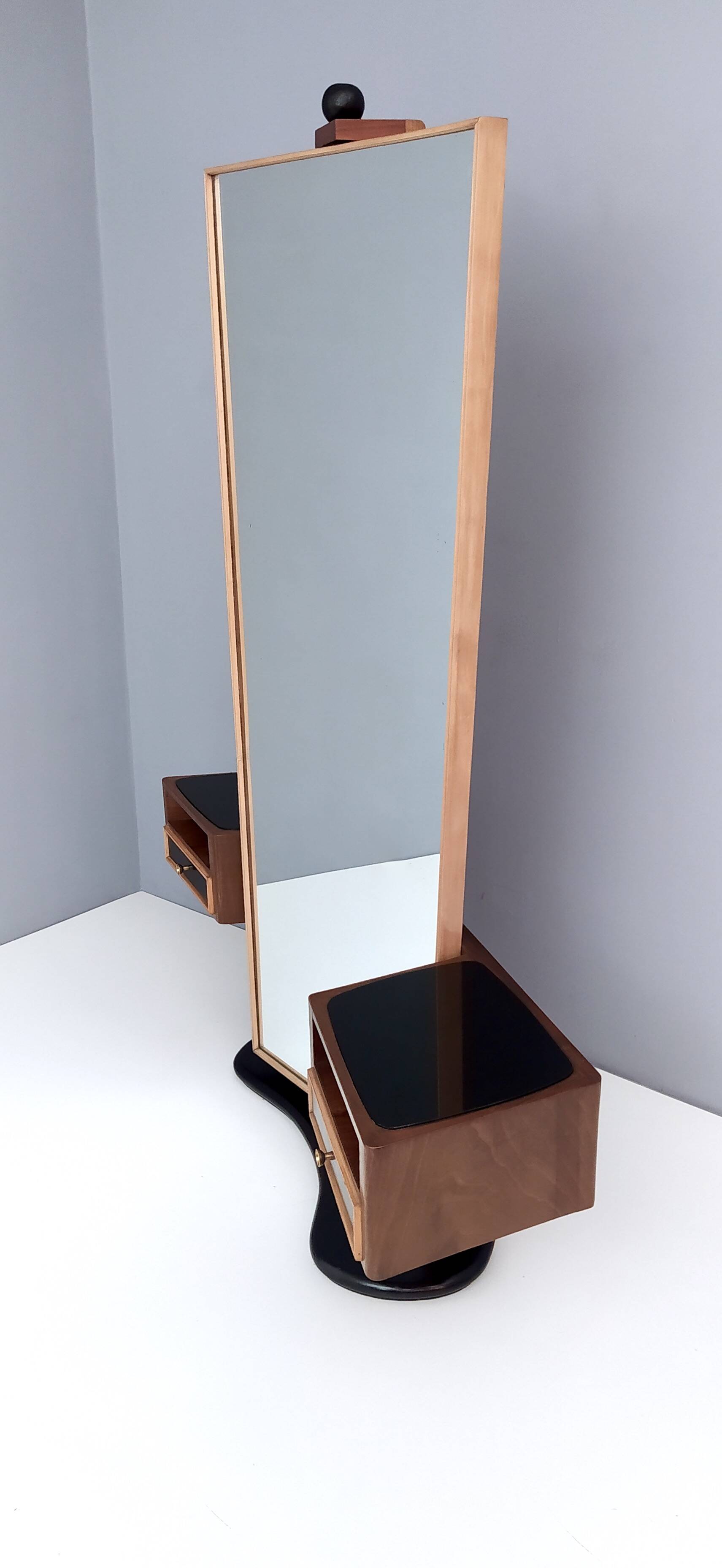 Wooden Entryway Mirror Organizer with Black Glass Tops, Italy