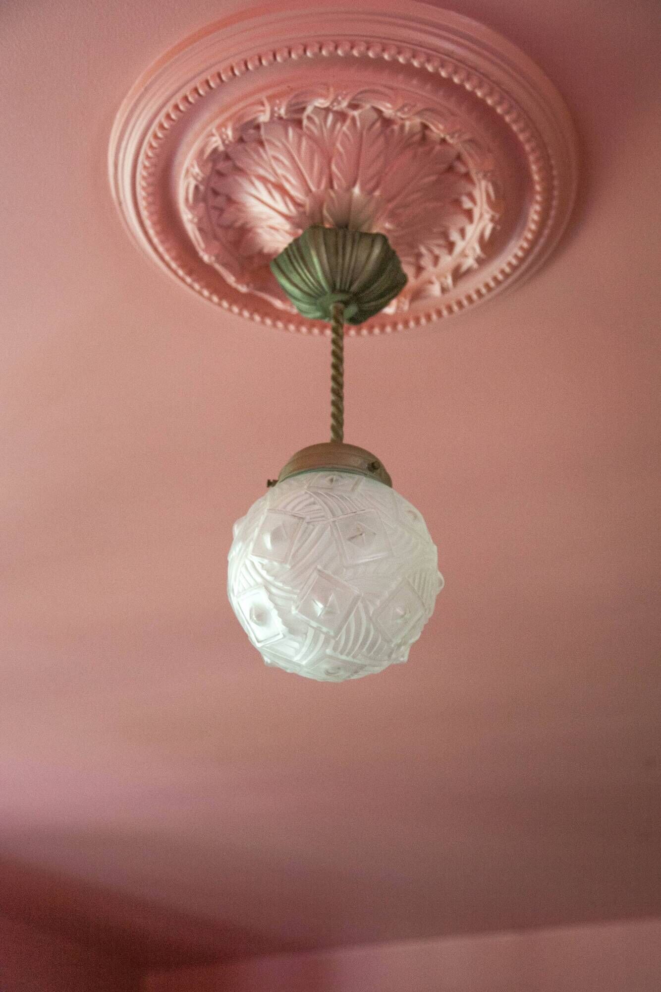 Art deco pendant lamp, art deco molded glass ball suspension, ceiling lamp, 30's