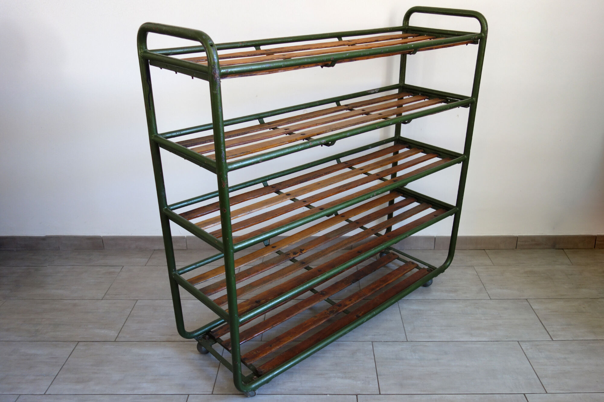 Old industrial shelf with wheels
