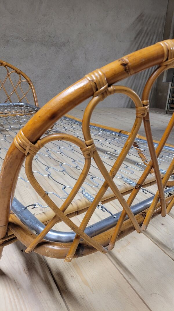 Lit banquette corbeille en rotin vintage- 1950s