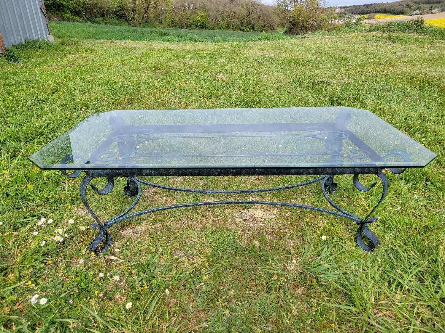 Italian glass and wrought iron coffee table