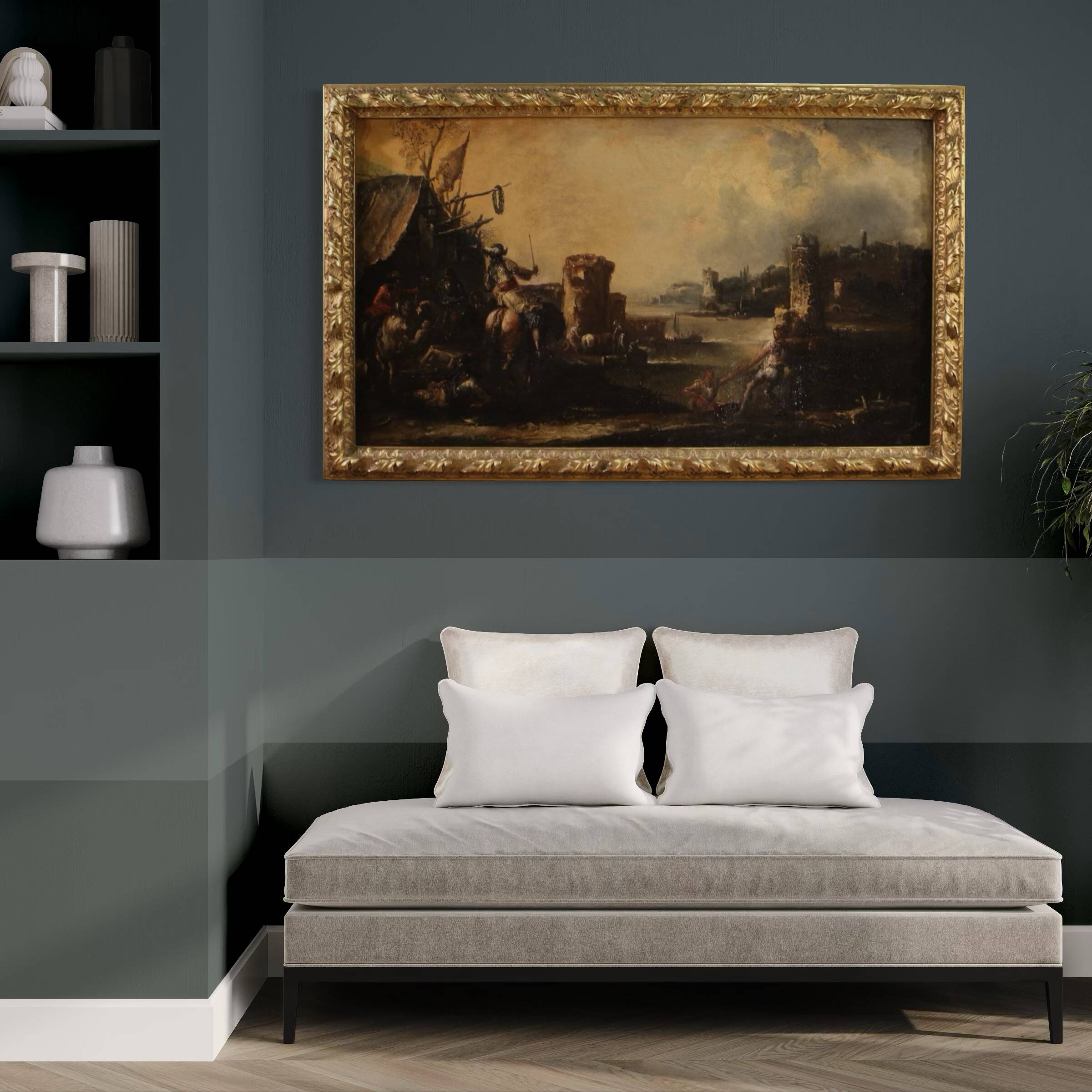 Great 18th century painting landscape with knights