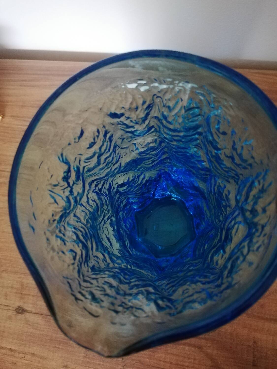 Blue Glass Pitcher with Bark Effect Textured Surface by Geoffrey Baxter or Ingrid Glasshütte from the 1960s-70s.