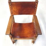 Antique French Handmade Brutalist Oak & Cognac Leather Castle Chair, 1920s.