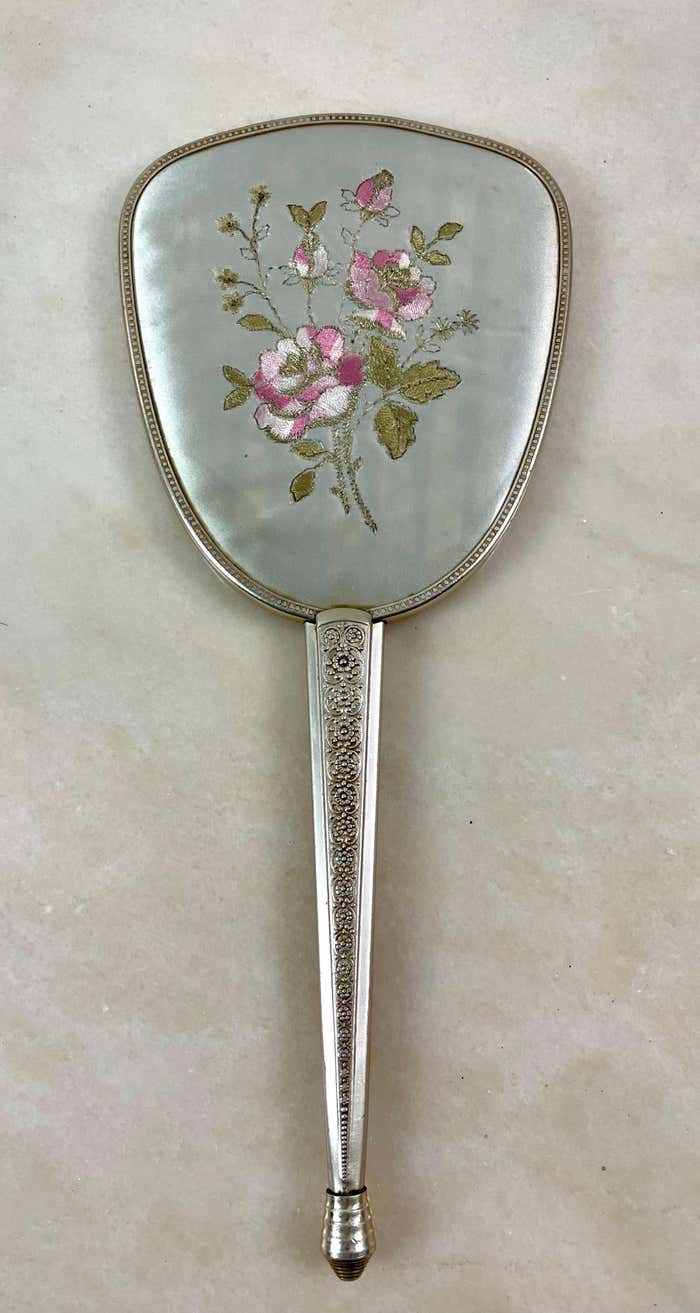 Toiletry set - metal and silk brush and hand mirror England from the 50s