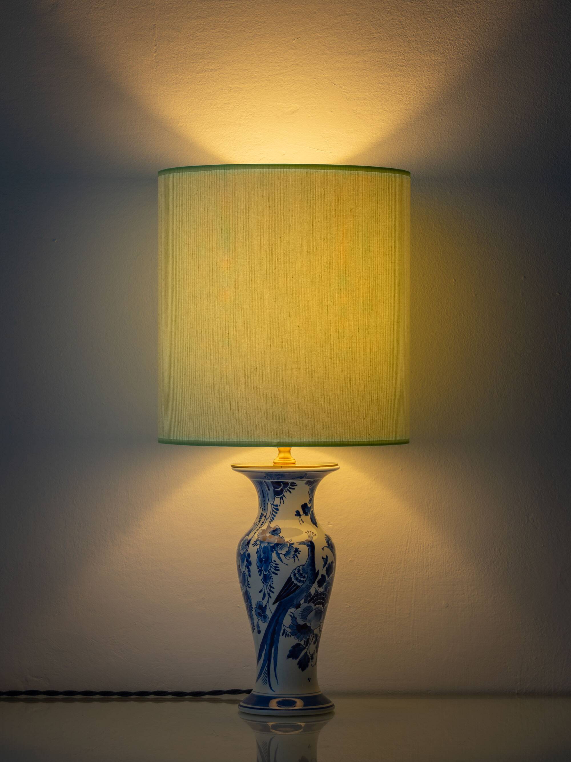 Royal Delft Blue, White, and Green Chinoiserie Bird Table Lamp, 1979